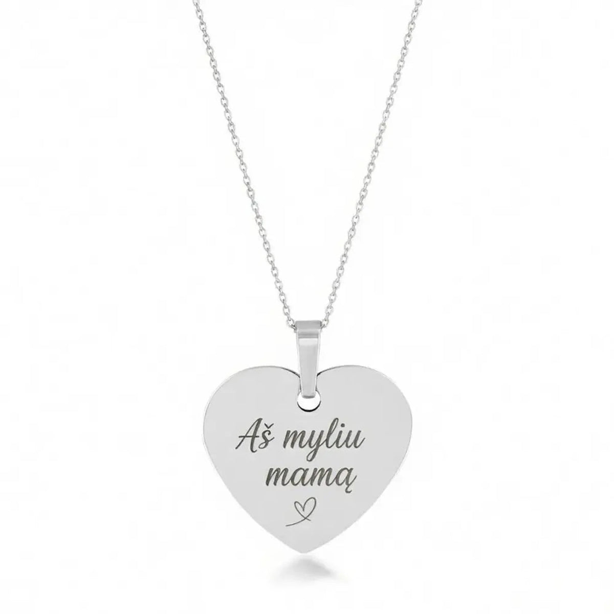 Rhodium-plated 925 sterling silver heart pendant necklace on white, the polished heart engraved with a personal message.