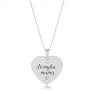 Rhodium-plated 925 sterling silver heart pendant necklace on white, the polished heart engraved with a personal message.