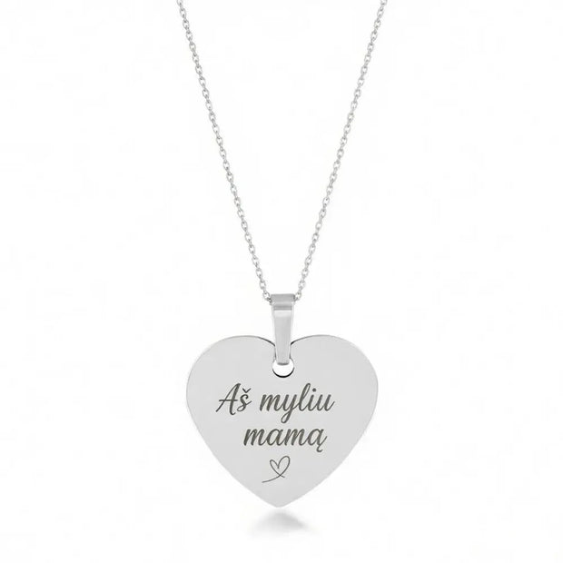 Rhodium-plated 925 sterling silver heart pendant necklace on white, the polished heart engraved with a personal message.