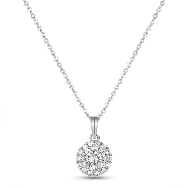 Round Solitaire CZ Necklace in rhodium-plated 925 silver: a round prismatic AAAAA cubic zirconia framed by white stones, on a fine chain