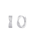 Twisted Knot Huggie Hoops in rhodium-plated 925 sterling silver, front and side view, on white