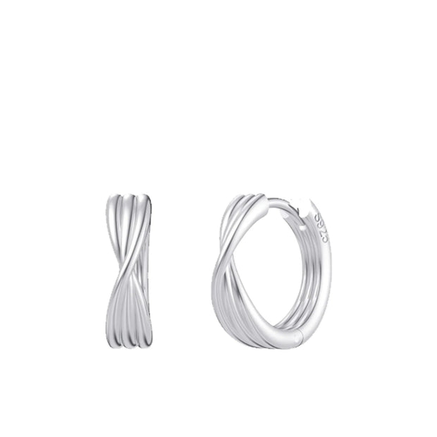 Twisted Knot Huggie Hoops in rhodium-plated 925 sterling silver, front and side view, on white