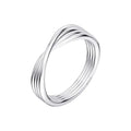 Minimalist 925 silver twisted knot stacking ring with rhodium plating on white.