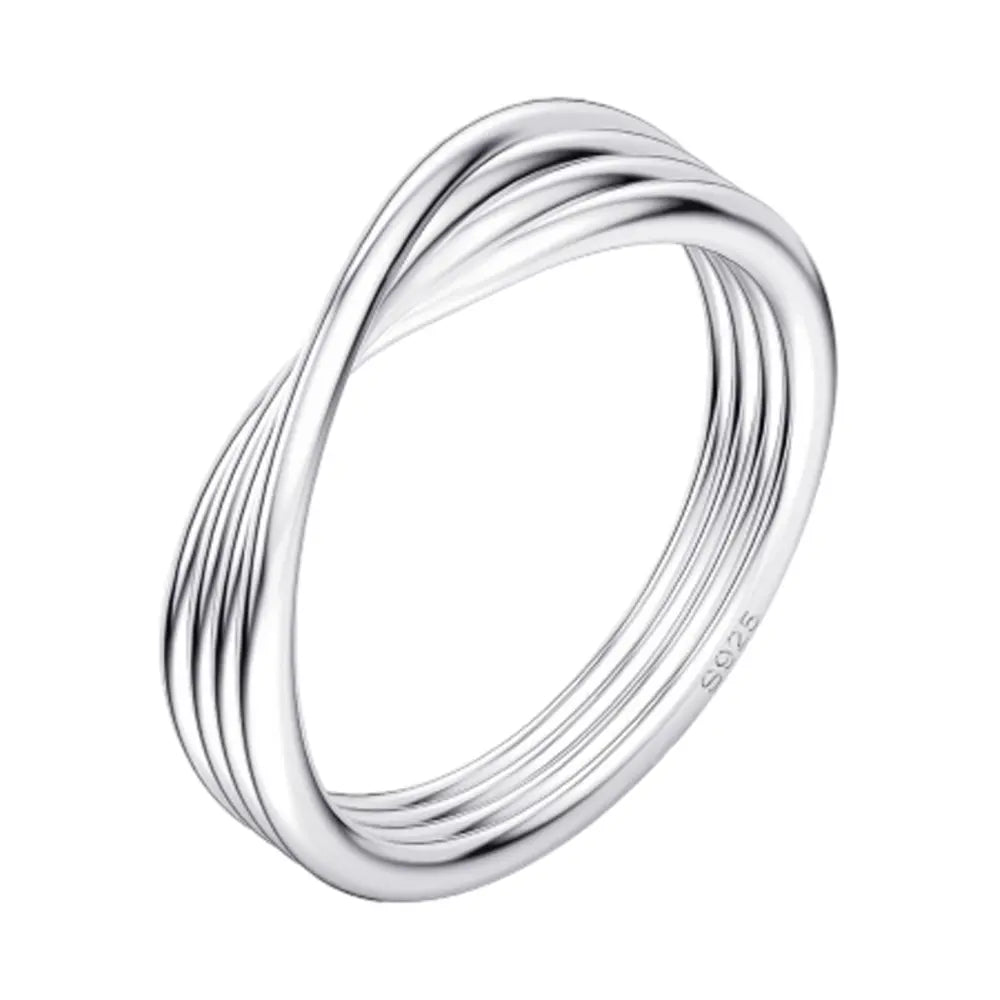 Minimalist 925 silver twisted knot stacking ring with rhodium plating on white.