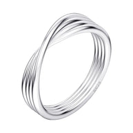 Minimalist 925 silver twisted knot stacking ring with rhodium plating on white.