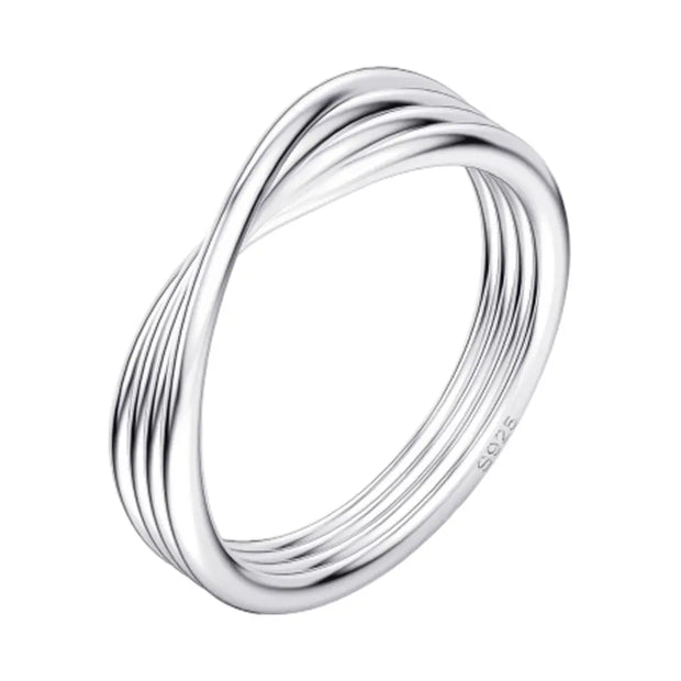 Minimalist 925 silver twisted knot stacking ring with rhodium plating on white.