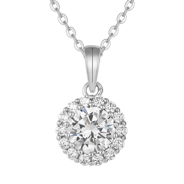 925 Silver Prismatic Round Zircon Necklace in 925 sterling silver displayed on a pure white background to show its brilliant prismatic stone.

