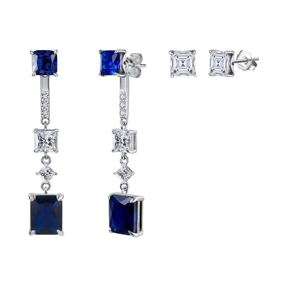 Duo Interchangeable Blue Zirconia Earrings Detachable 925 Sterling Silver