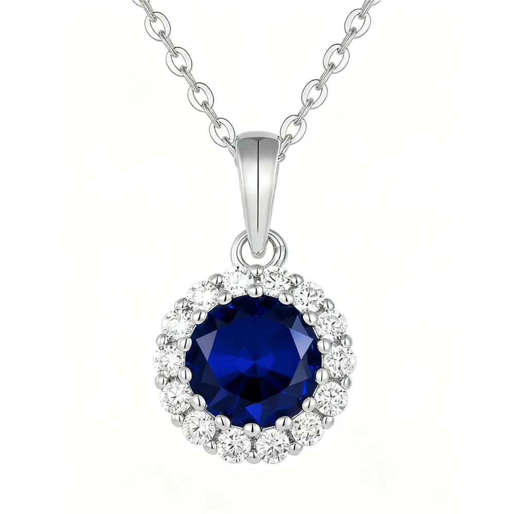 Luxury Blue Sapphire Zircon Pendant Necklace 925 Sterling Silver Classic Round