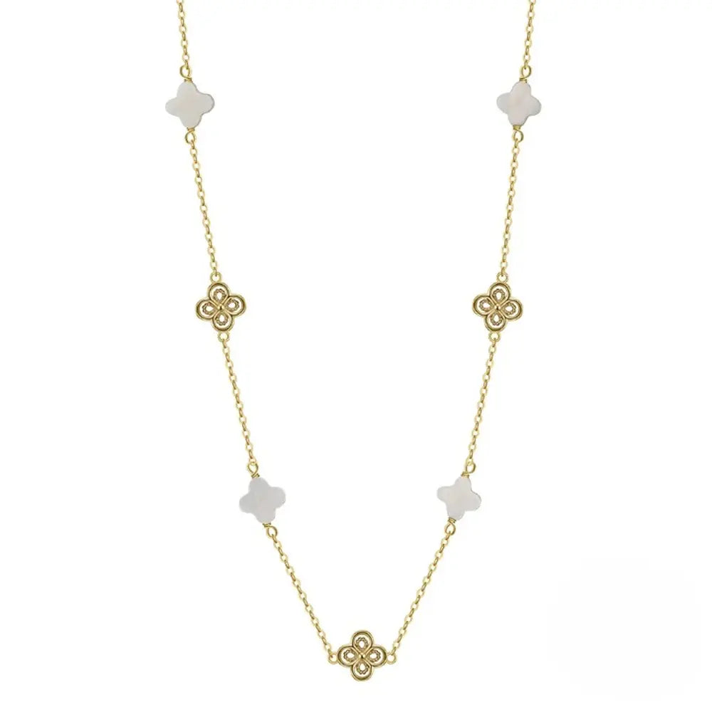 Four Leaf Clover Charm Necklace 925 Sterling Silver Shell Pearl 14K Gold Plated