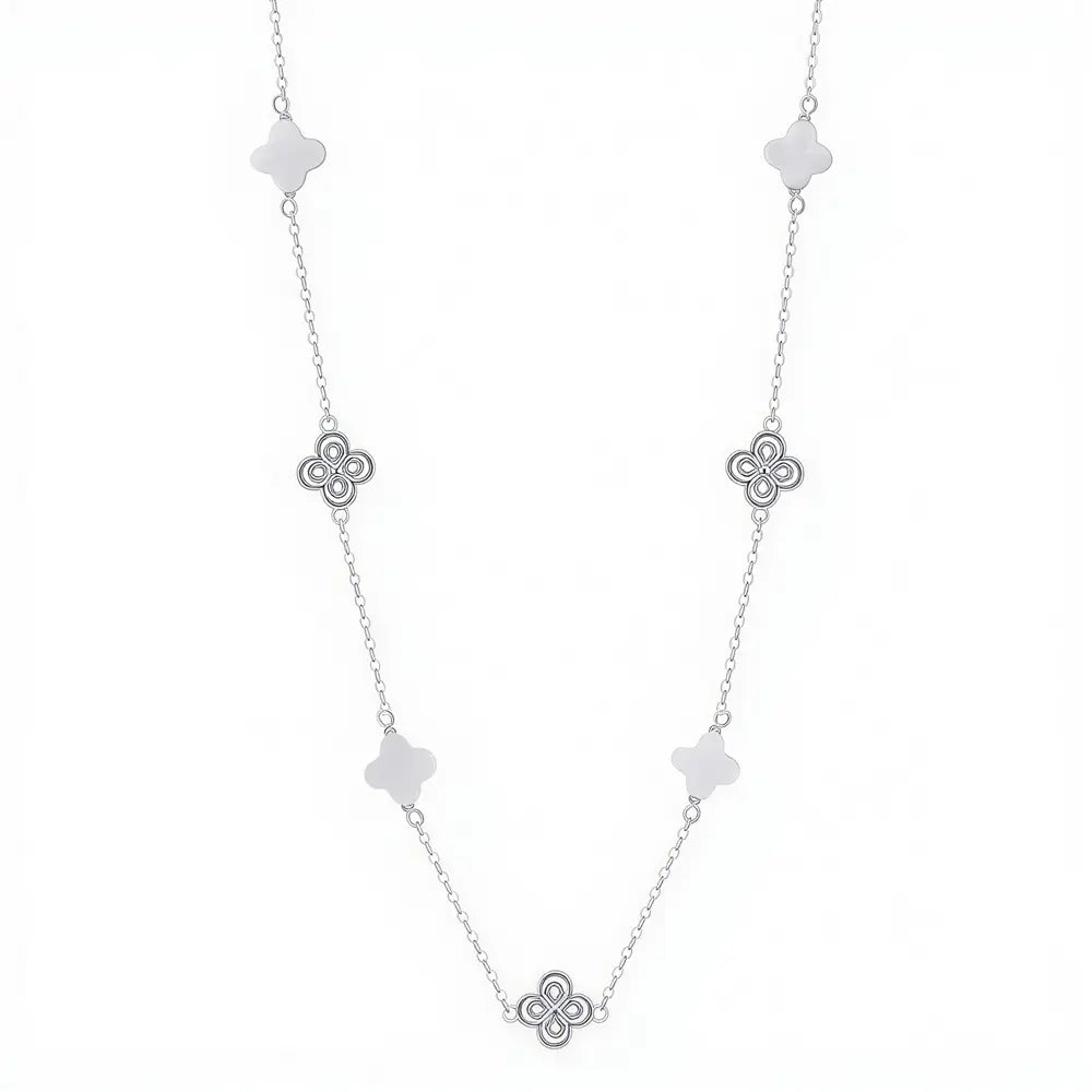 Four Leaf Clover Charm Necklace 925 Sterling Silver Shell Pearl Rhodium Plated