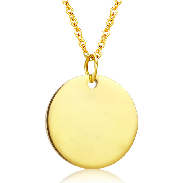 Engraved Coin Necklace in 14K gold-plated 925 silver, the blank round disc face on, ready for laser engraving.