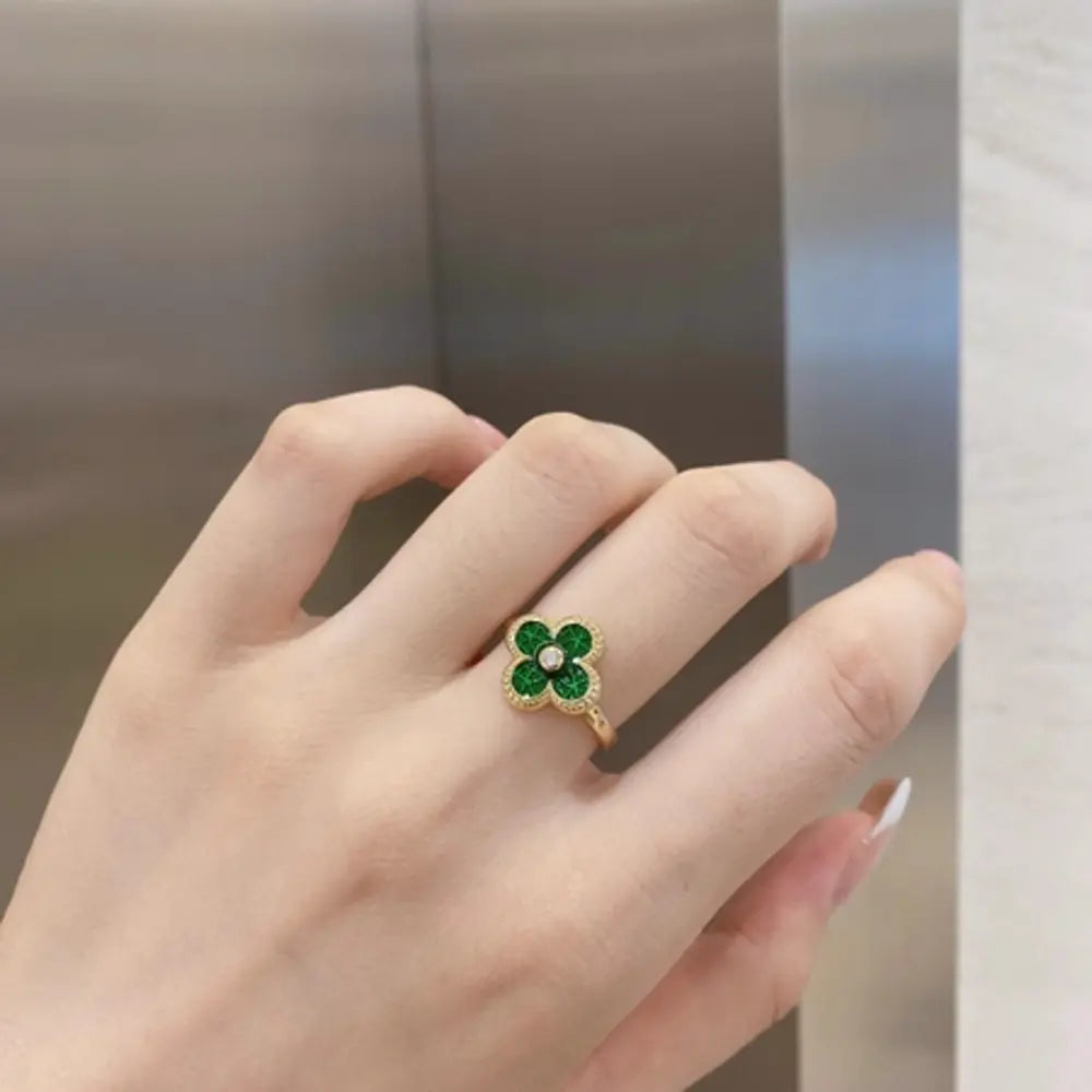 Green Four Leaf Clover Ring 925 Sterling Silver Gold Plated