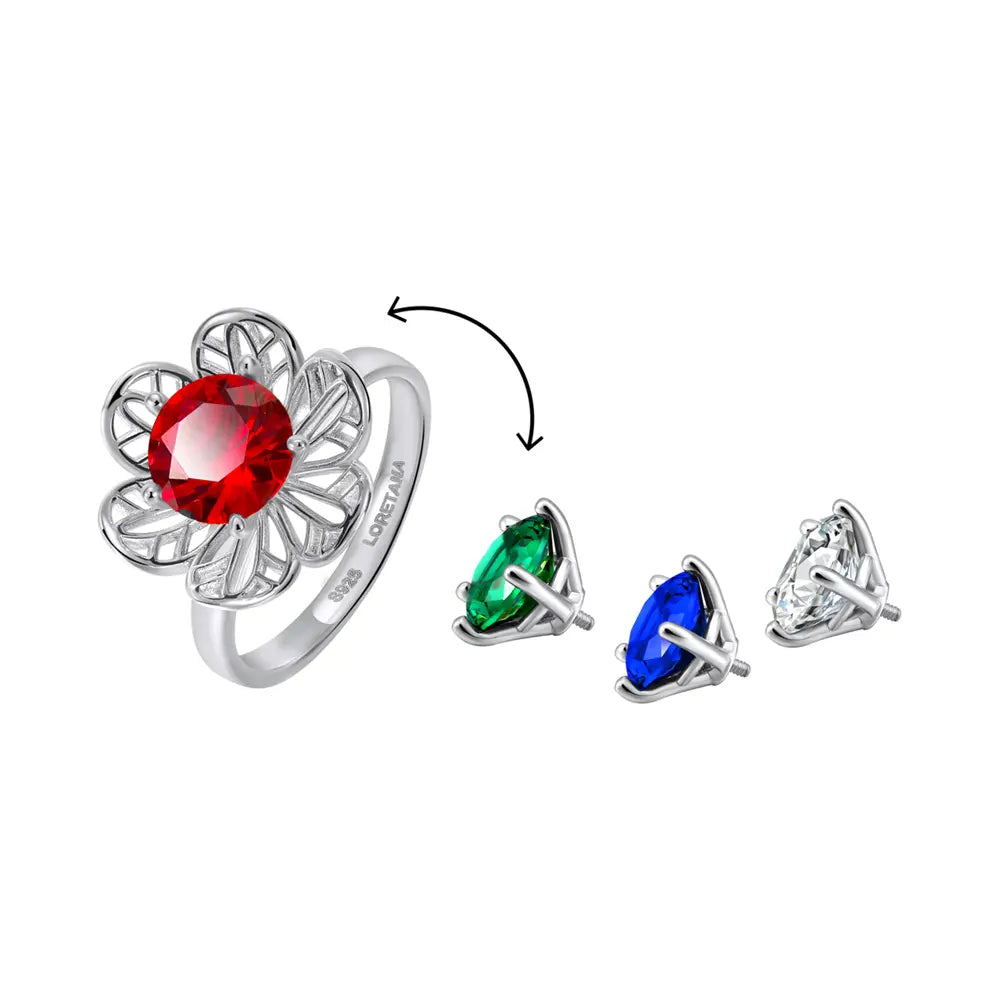 Interchangeable Flower Duo Zirconia Ring 925 Sterling Silver Rhodium Series