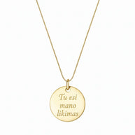 14K gold engraved coin necklace styled in a curated layered neckline
