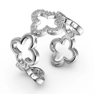 Rhodium-plated 925 silver Bloom four leaf clover ring with brilliant AAAAA zirconia on white