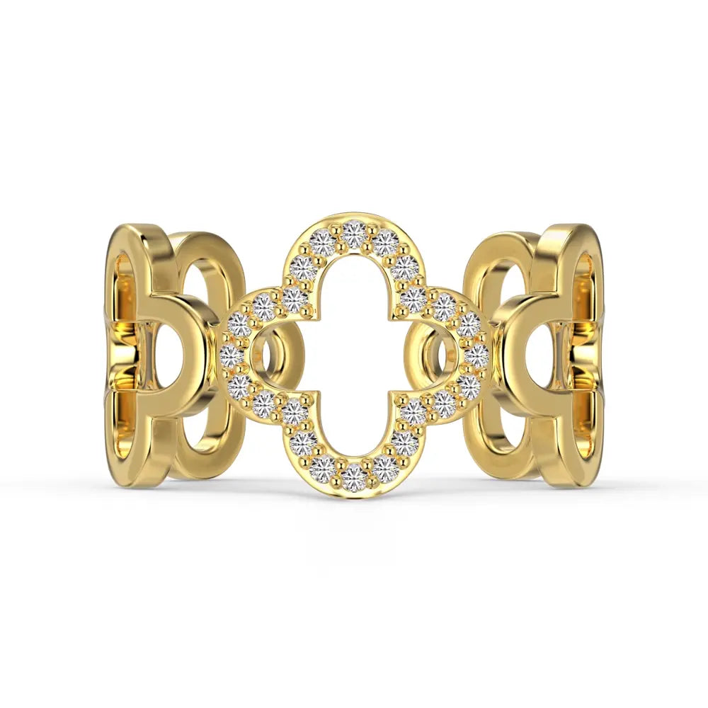 Side view of the gold clover ring highlighting the open-back adjustable 925 silver band.