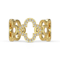 Side view of the gold clover ring highlighting the open-back adjustable 925 silver band.