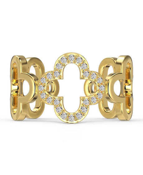 Side view of the gold clover ring highlighting the open-back adjustable 925 silver band.