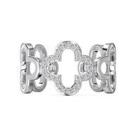Side view of the silver clover ring highlighting the open-back adjustable 925 sterling silver band.