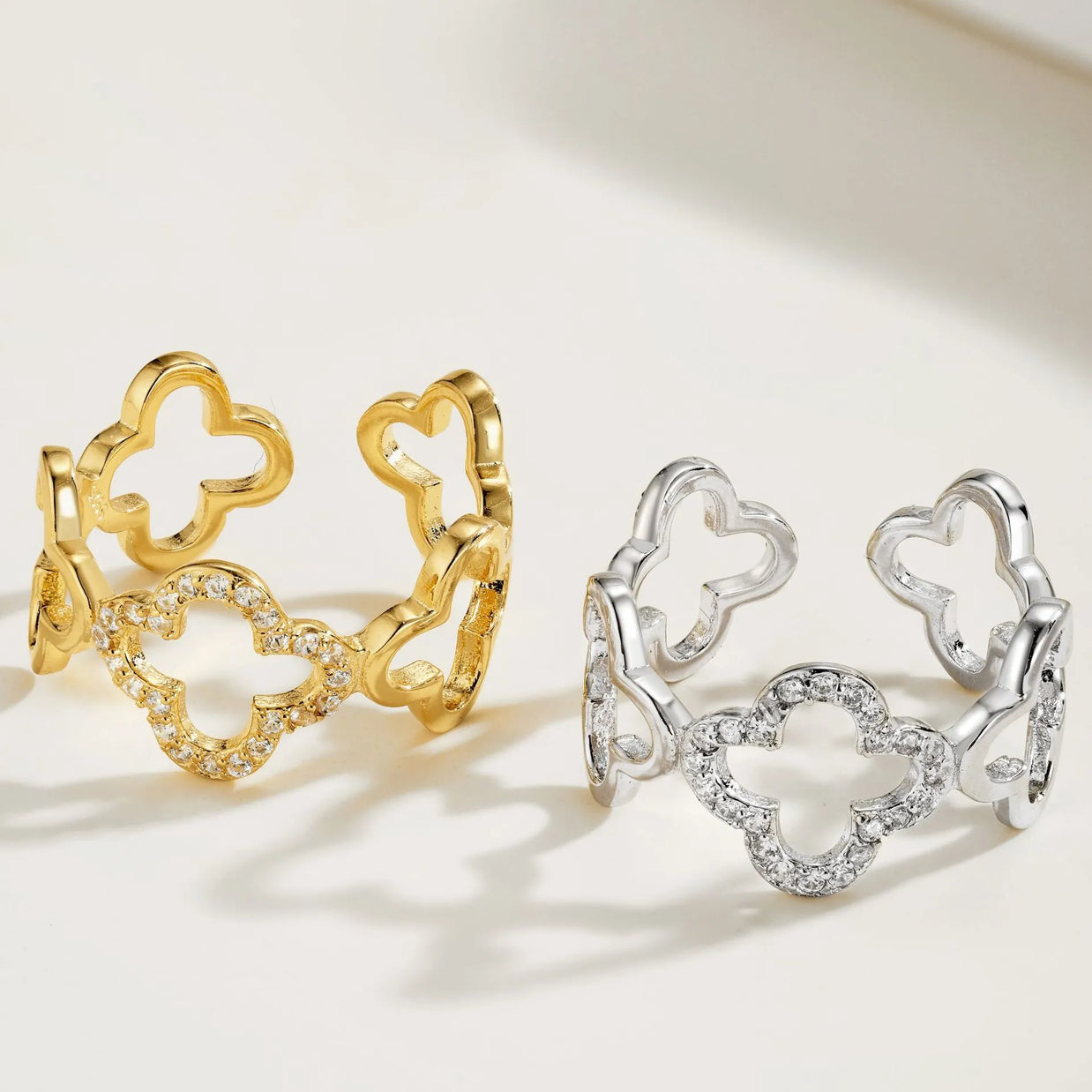 The silver Bloom four leaf clover ring presented as a sustainable luxury gift for her.