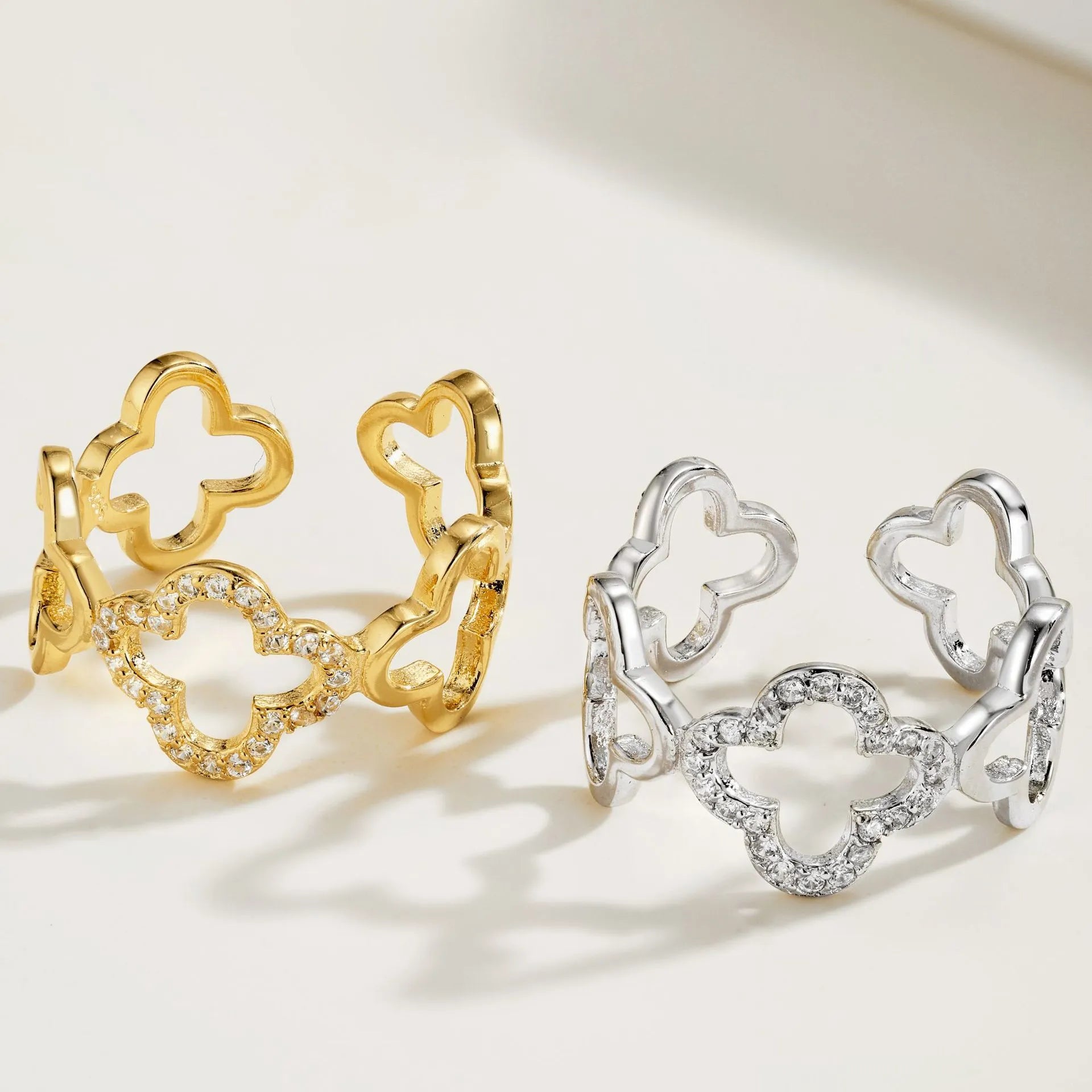 The silver Bloom four leaf clover ring presented as a sustainable luxury gift for her.