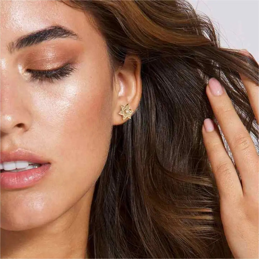 925 silver marquise flower stud earrings with AAAAA zirconia botanical design model-wearing-925-silver-marquise-flower-studs