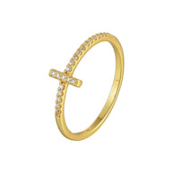 14K gold-plated 925 sterling silver sideways cross ring with AAAAA cubic zirconia, on a white background.