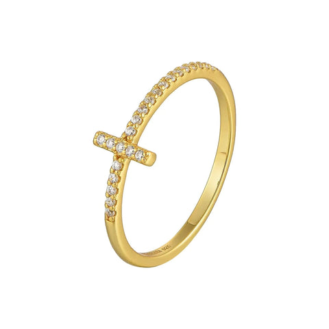 14K gold-plated 925 sterling silver sideways cross ring with AAAAA cubic zirconia, on a white background.