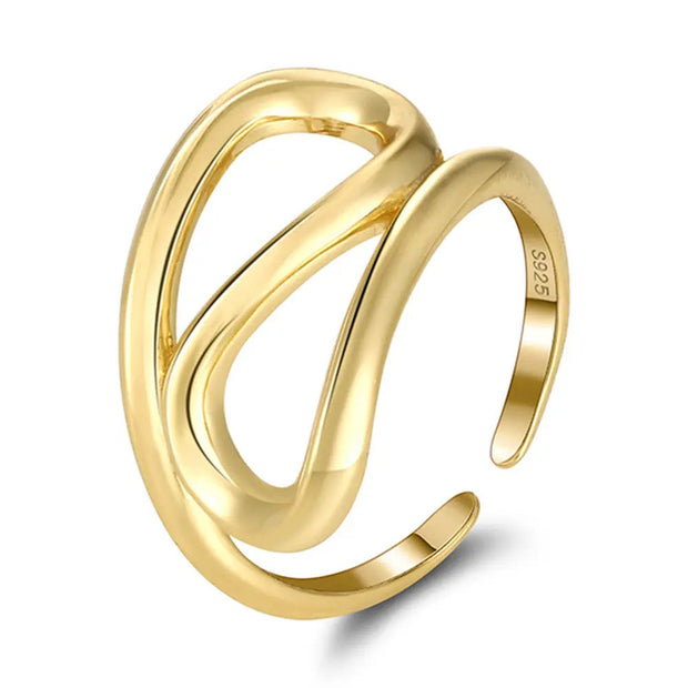 14K gold-plated 925 sterling silver geometric open adjustable ring, on a white background.
