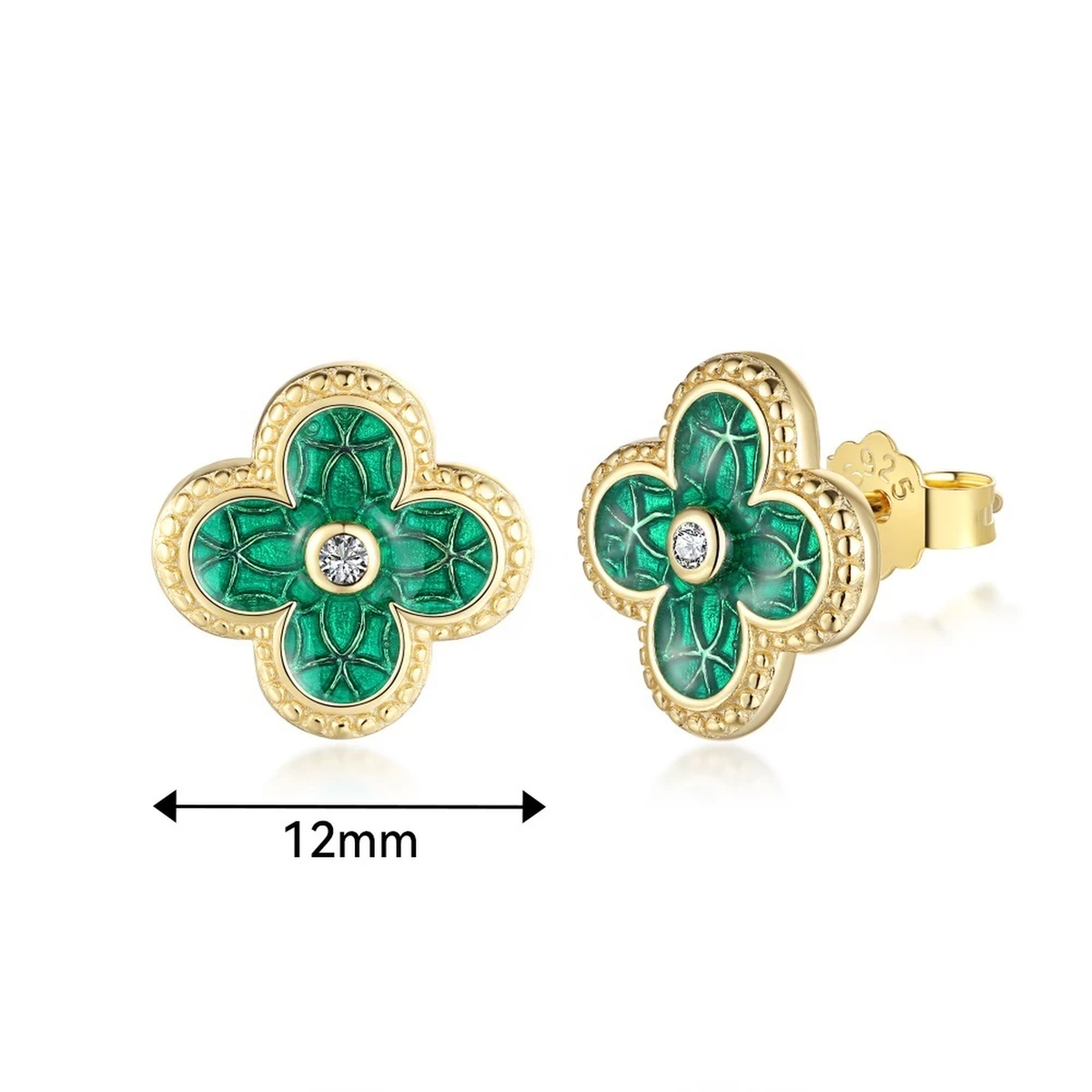 Green Enamel Clover Studs · 18K Gold-Plated 925 Silver — size: 12 mm