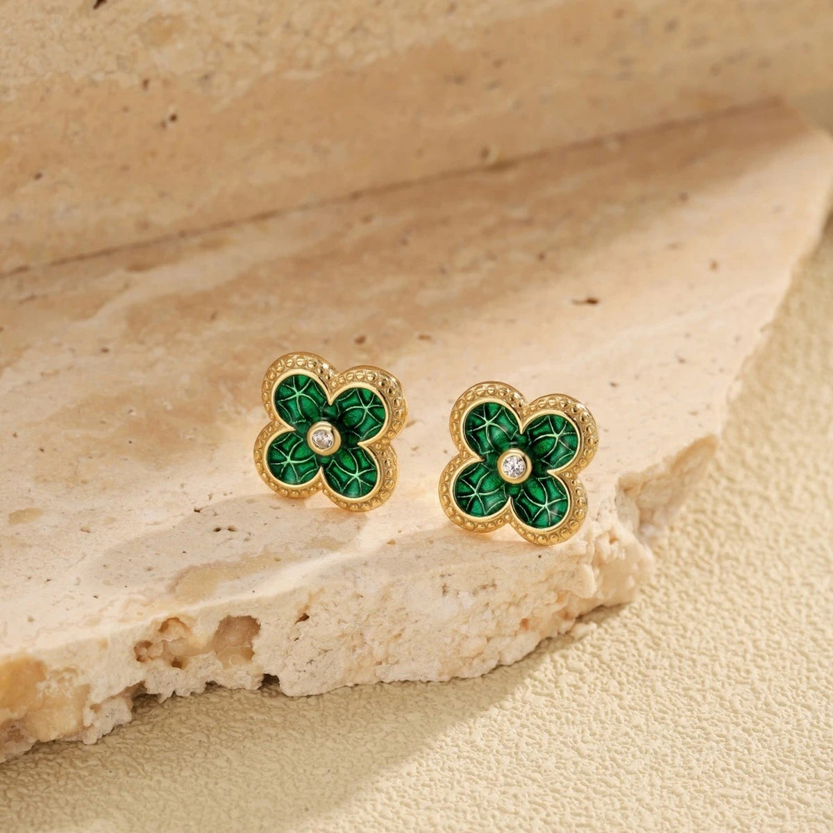 Green Enamel Clover Studs · 18K Gold-Plated 925 Silver