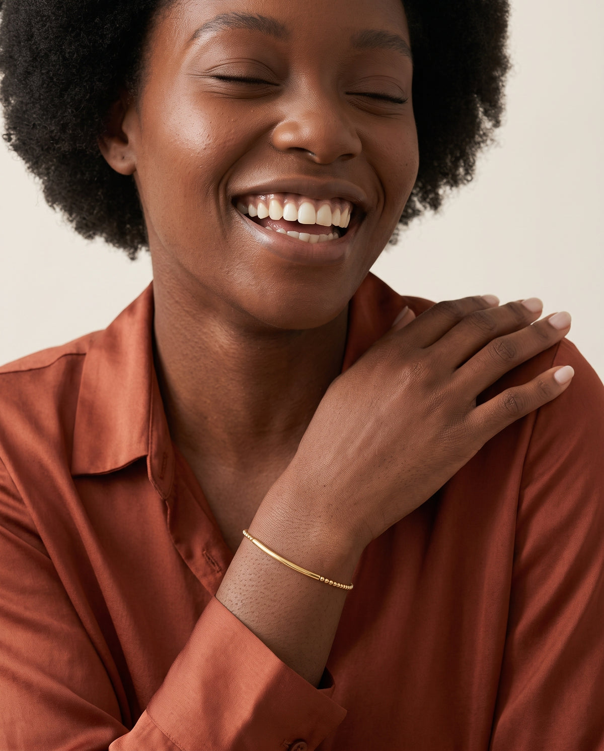 Model wearing the Bead Bar Bracelet in 14K gold-plated 925 sterling silver, second view