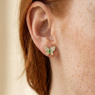 Close-up of the Butterfly Pave Studs, AAAAA CZ in 14K gold-plated 925 sterling silver, worn