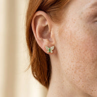 Model wearing the Butterfly Pave Studs, AAAAA CZ in 14K gold-plated 925 sterling silver, second view