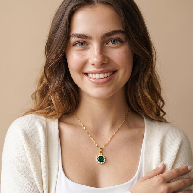 Model wearing the Green CZ Halo Necklace in 14K gold-plated 925 sterling silver
