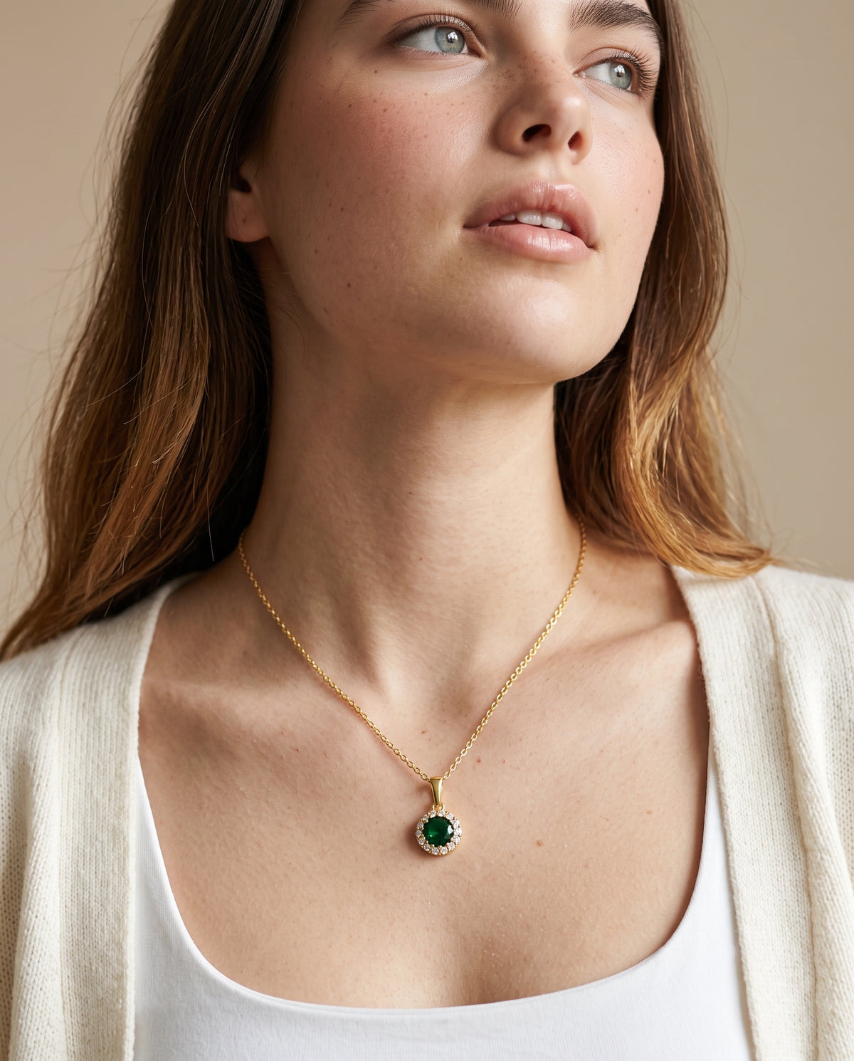 Model wearing the Green CZ Halo Necklace in 14K gold-plated 925 sterling silver, second view