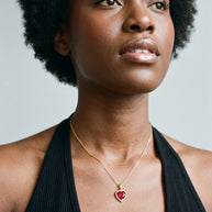 Model wearing the Red CZ Heart Necklace in 14K gold-plated 925 sterling silver, second view