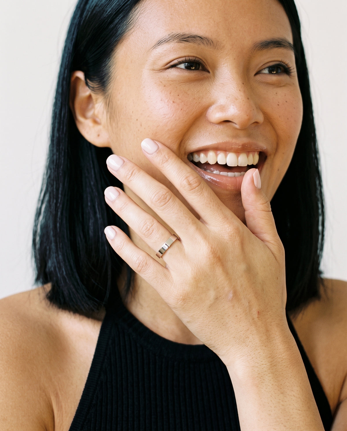 Model wearing the Engravable Stacking Ring 3mm in 925 sterling silver, second view