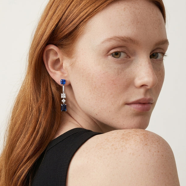 Model wearing the Interchangeable Earrings, Blue & Clear CZ in 925 sterling silver