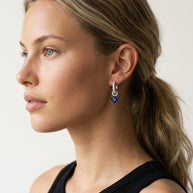 Model wearing the Interchangeable Halo Hoops, Blue CZ in 925 sterling silver, second view