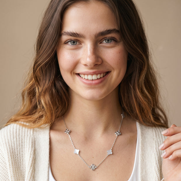Model wearing the Clover Shell Pearl Necklace in 925 sterling silver