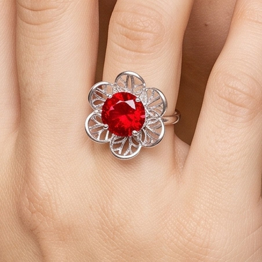 Close-up of the Interchangeable Stone Flower Ring, 4 Stones in 925 sterling silver, worn