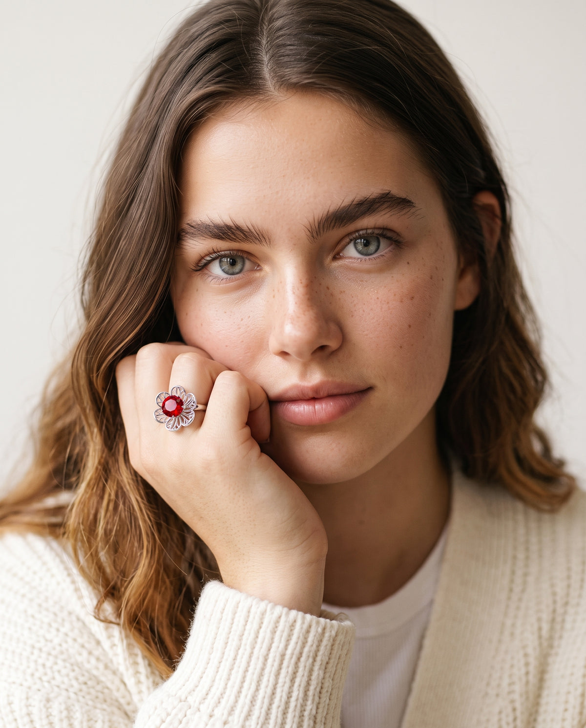Model wearing the Interchangeable Stone Flower Ring, 4 Stones in 925 sterling silver