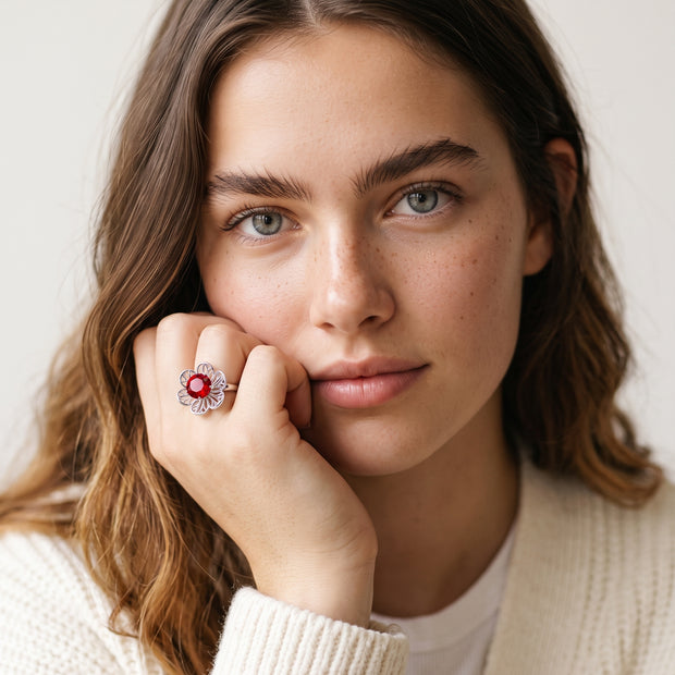 Model wearing the Interchangeable Stone Flower Ring, 4 Stones in 925 sterling silver
