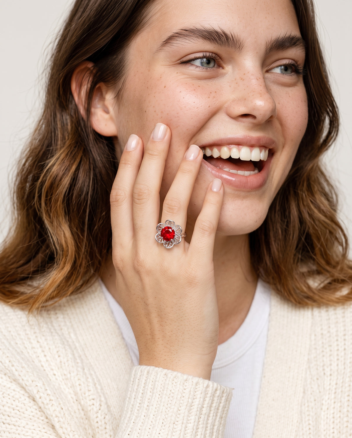 Model wearing the Interchangeable Stone Flower Ring, 4 Stones in 925 sterling silver, second view
