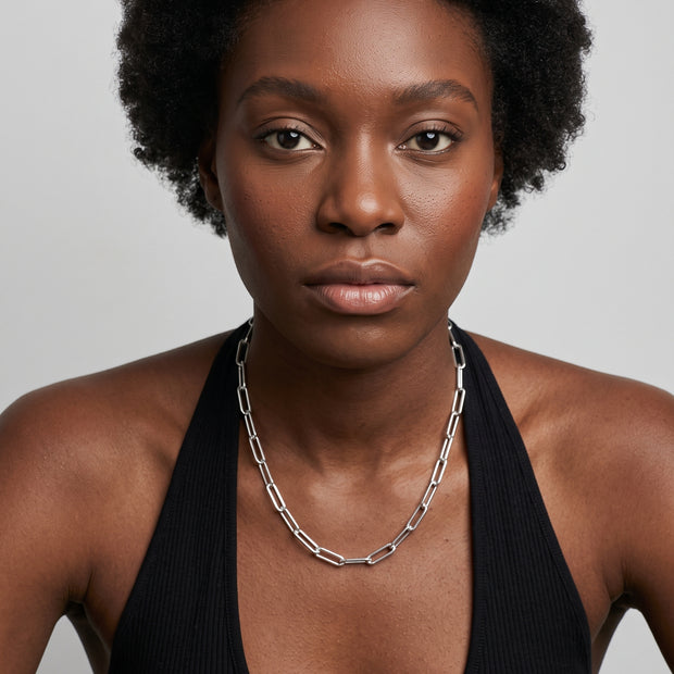 Model wearing the Paperclip Chain Necklace 50cm in 925 sterling silver