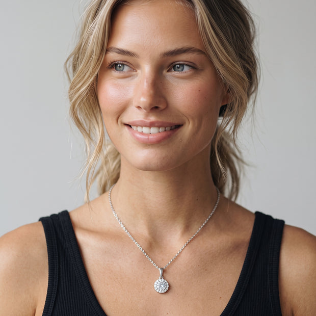 Model wearing the Round Solitaire CZ Necklace in 925 sterling silver