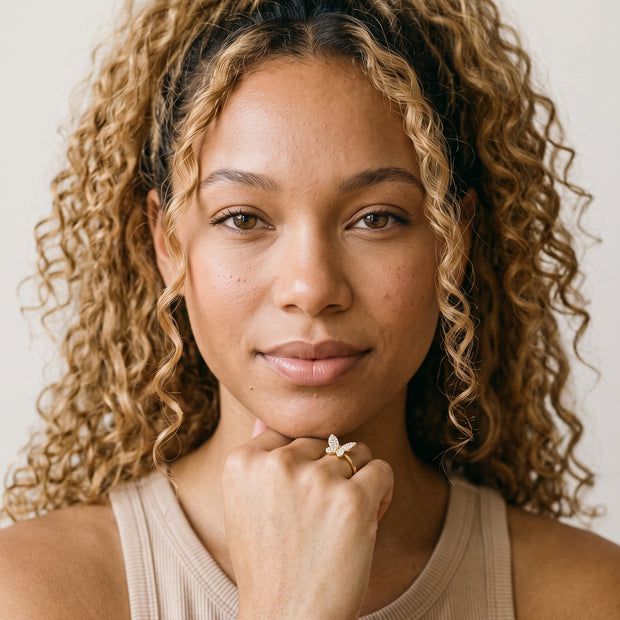 Model wearing the Butterfly Ring in 14K gold-plated 925 sterling silver