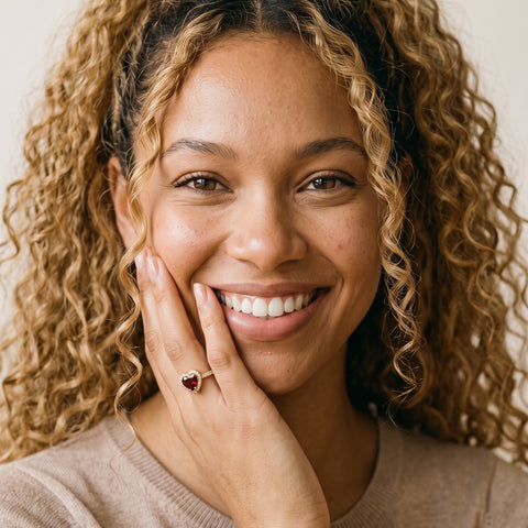 Model wearing the Red CZ Heart Ring in 14K gold-plated 925 sterling silver